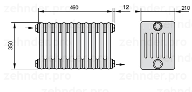 Схема (чертеж) Радиатор Zehnder Charleston 6035/10 №1670 Белый глянцевый RAL 9016